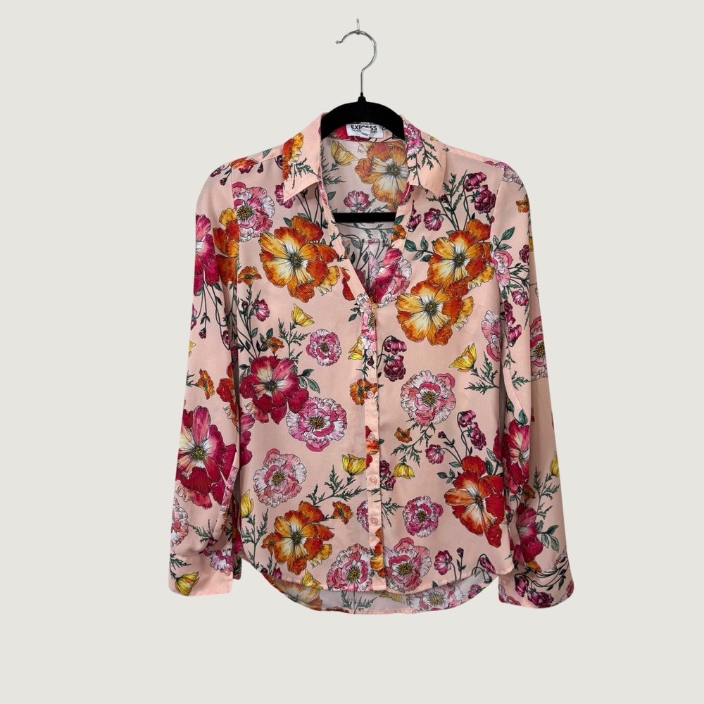 Express The Portofino Shirt XS Slim Fit Peach Floral Button Up Boho Cottagecore